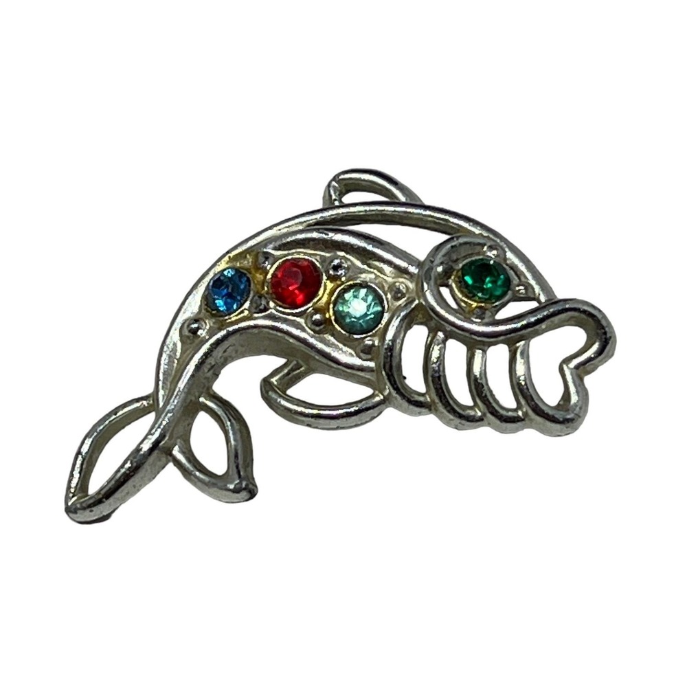 Vintage Fish Brooch Silver Tone with Multi Color‎ Rhinestone Accent
